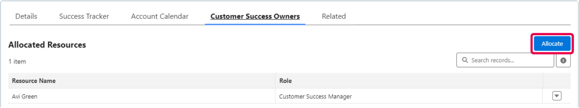 Resourcing tab displaying one resource in the Allocated Resources table with the Allocate button highlighted.